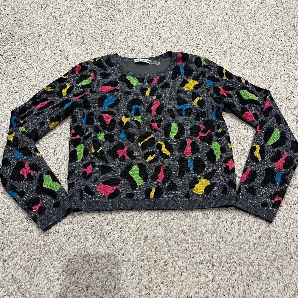 Alice & Olivia Rhodes Metallic Cheetah Print Sweater M Maximalist Preppy Casual